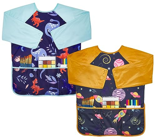 Lictin Grembiule da pittura per bambini, 2 pezzi, per bambini dai 3 agli 8 anni, grembiule da pittura con 3 tasche, camice da pittura con maniche lunghe, blu, cartoni animati