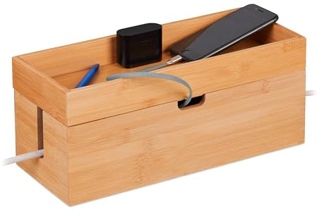 Relaxdays Kabelbox för 2 grenuttag, bambu, kabellåda med hylla, HBT: 14 x 34 x 14 cm, dold kabel, natur