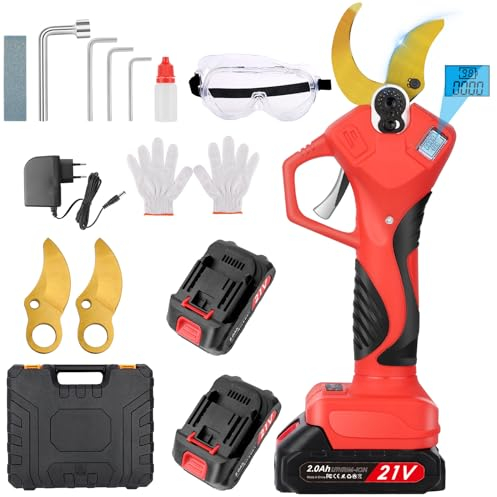 Forbice Potatura a Batteria 50mm: 2 x 21V/2000 mAh Batteria Cesoie Potatura Elettriche Professionali Forbice Elettrica per Potatura con LCD Display per Jardinage, Olives Rosso