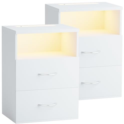 Casaria® Comodino Set da 2 Illuminazione LED Touch 40x28x55cm in Legno 2 Cassetti Camera da Letto Tavolino Comodini