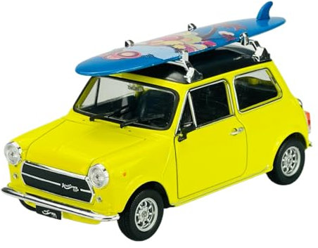 Welly Mini Cooper 1300 gelb mit Surfboard Gelb 1/24 Metall Modell Auto Die Cast Neu im Kasten