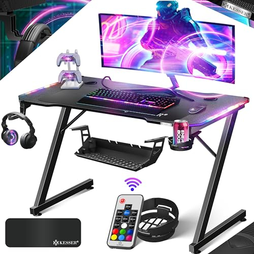 KESSER® Gaming Tisch LED 120cm x 60cm | Z-Form Gamer Schreibtisch | Kopfhörerhaken & Kohlebeschichtung | Ergonomischer PC Computertisch | Stabiler Tisch mit Getränkehalter Schwarz