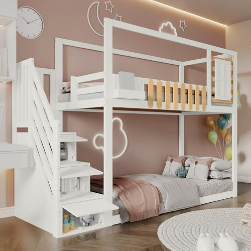 Rtopsu Letto a Castello per Bambini 90x200 cm, Letto a Soppalco con Scala e Cassetti Contenitore, Telaio del Letti per Ragazzi con Rete a Doghe e Protezione Anticaduta, Bianco, Senza Materasso