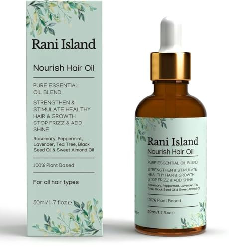 Rani Island Nourish Hair Oil.100% Natural Pure Essential Oil Blend for Hair Growth, Hair Shine, Strength, Frizz Control. Peppermint, Black Seed, Tea Tree, Lavender, Rosemary, Sweet Almond Oil. 50ml