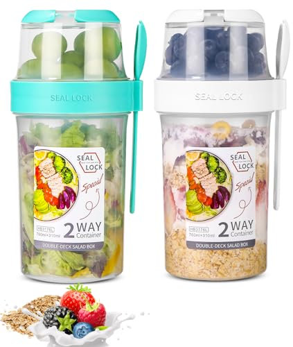 SinLaw 2 in1 Tazza Yogurt to Go, Tazza di cereali portatile con cucchiaio,Overnight Oats Jars,Riutilizzabile Tazza Yogurt e Cereali,Plastica Tazze Cereali (White+Green（310ml+760ml)