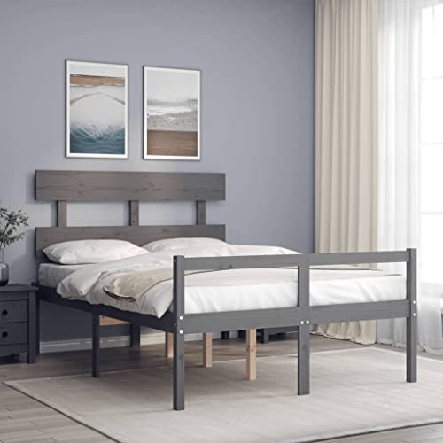 OHOOWOO Seniorenbett mit Kopfteil Grau Massivholz,MassivholzSeniorenbett mit Stauraum und komfortabler Sitzhöhe