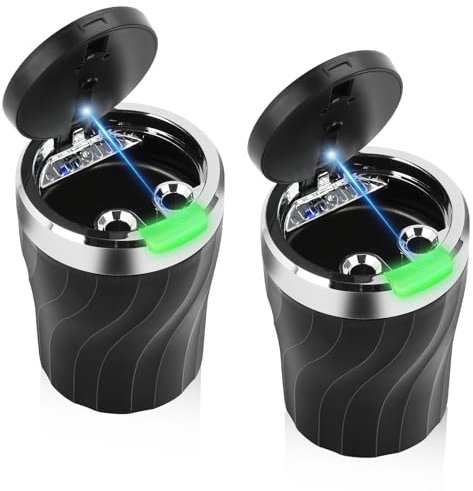 2PCS Aschenbecher Auto - Daakro Auto Aschenbecher mit Deckel, Taschenaschenbecher mit LED Licht, Tragbarer Edelstahl Rauchfreien Aschenbecher für Autos Van