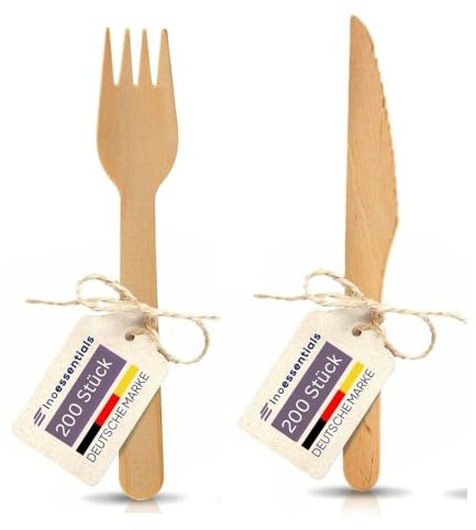 Inoverse Lot de 400 Couverts - 200 Fourchettes et 200 Couteaux en Bois - Jetables, Durables et Biodégradables