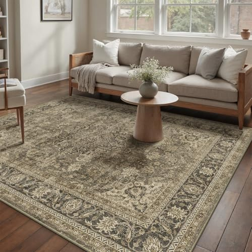 HUGEAR Marron Vintage Tapis Salon 140x200cm Lavable en Machine Antidérapant Grand Carpet Descente de Lit Chambre Adulte Salle a Manger Cuisine Bureau Doux Poil Ras Carpette