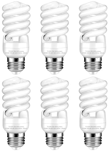 Arsmrau E26 Base 13W 2700K 900lm CFL Light Bulbs, T2 Spiral (60Watt Equivalent) Soft White Compact Fluorescent Light Bulbs, UL Approved, 120v 60Hz, Self Ballasted, Indoor Use (6 Pack)