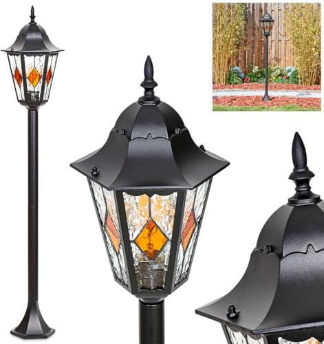 HOFSTEIN Wegeleuchte Hongkong, Außenwegeleuchte maus Metall/Glas in Schwarz/Klar/Orange, Wegelampe Antik/Landhaus/Vintage/Design für Garten, Außenbereich, Hof, 120 cm, E27, IP44