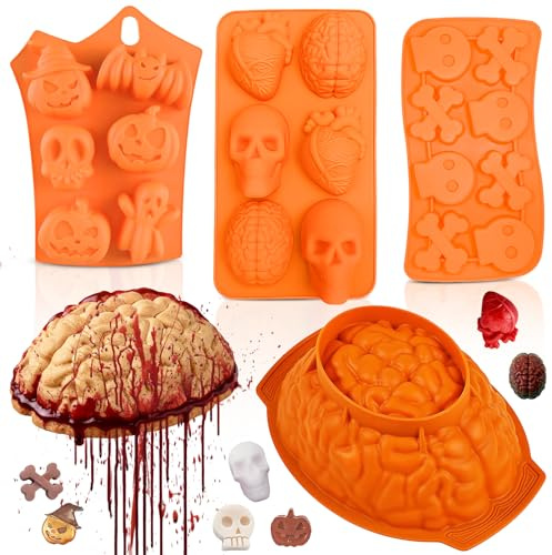 Teglia in silicone per Halloween, 4 stampi in silicone, a forma di cuore, per Halloween, a forma di cervello, per torte, zucca e teschio, adatto per la produzione di torte per feste, muffin