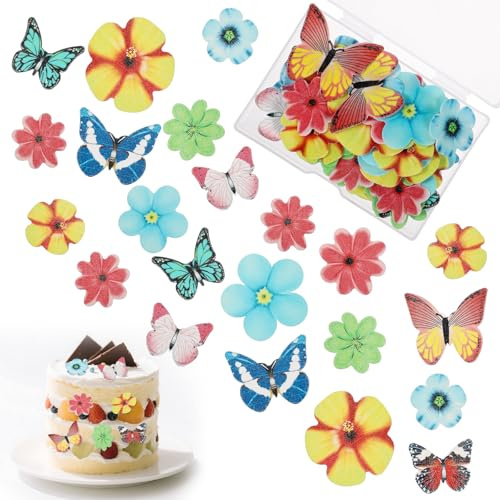 TIESOME 65 Stück Tortendeko Essbar, Schmetterlinge Blumen Esspapier Tortendeko Essbare Blumen für Torte Muffins Deko für Hochzeit Geburtstag Babyparty Dekorationen