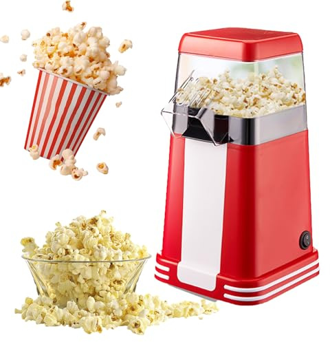 Popcorn Maker, 1200W Home Made Popcorn Machine, Made In 3 Minutes, Healthy Snack No Oil Electric Popcorns Makers with Measuring Cup White + red
