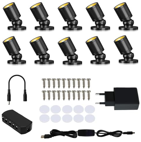 Mini Led Spot Dimmbares Aluminium Lampenkörper Mini Led Licht 360°Schwenkbar 1W LED Scheinwerfer Warmweiß 3000K Led Spotlight Akzentlichter Bilderlichter USB für Pflanzen (10 Stück-Warmweiß-Schwarz)