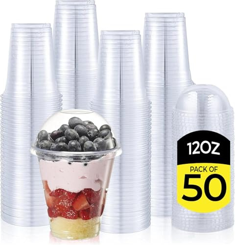 E Greenwize Packaging Smoothie Cups 12oz with Lids and Straws, Clear Disposable Plastic Cups, Pack of 50, Reusable Cold Drink Cups for Iced Coffee, Juice & Milkshakes