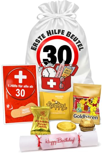 Erste Hilfe Beutel zum 30. Geburtstag mit Geschenkkarte & Trostpflaster – Lustiges Geldgeschenk Verpackung inkl. Satinbeutel, Glückskeksen, Schokopraline & Konfetti-Bonbon
