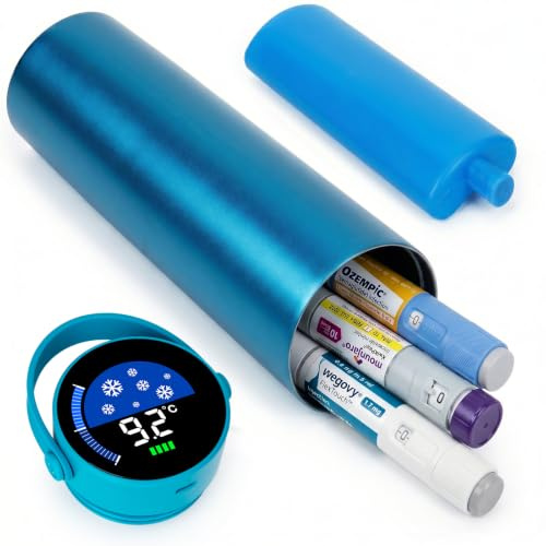 SUNMON Borsa frigo per insulina ricaricabile, astuccio da viaggio per penne GLP-1 | Display digitale della temperatura, raffreddamento 24h per GLP-1, spazio per 1-5 penne, incluse 2 custodie isolanti