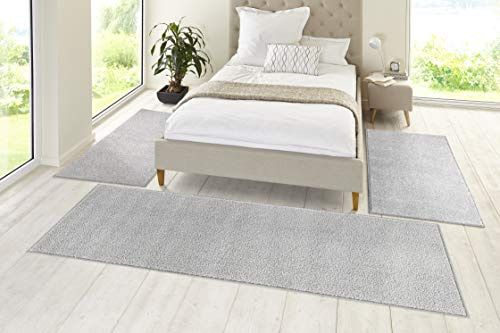 Hanse Home Pure Teppich Bettumrandung 3-teilig – Bettvorleger Bettläufer Teppichläufer Kurzflor Einfarbig Unifarben Läufer-Set für Kinderzimmer Schlafzimmer, Grau, 2X 70x140cm 1x 70x240cm
