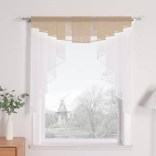 HongYa Zipfelgardine Modern Transparent Plissiert aus Voile mit Tunnelzug | Sand, H/B 100/100 cm, einteilig, lichtdurchlässig, pflegeleicht, lange Seitenteile, für Küche, Esszimmer und Wohnzimmer