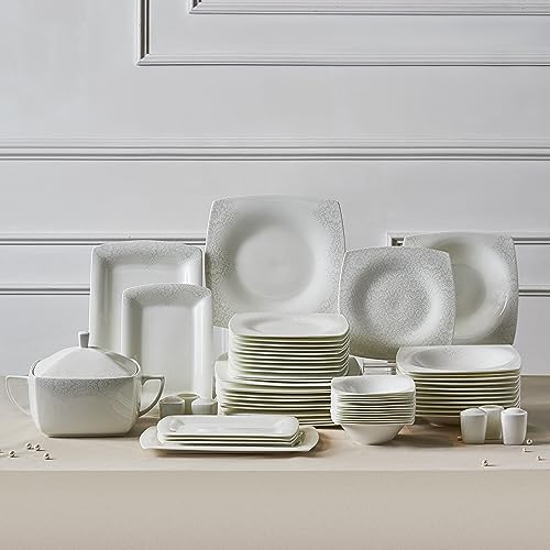 Karaca Fine Pearl Helen 62 pièces Service de table Vaisselle pour 12 personnes, Blanc Porcelaine Service de table combiné Porcelaine, Assiettes plates, Passe au micro-ondes, Passe au lave-vaisselle