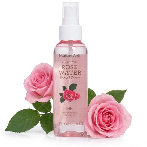 NATURE WELL Rose Water Hydrating Facial Toner Mist for Dewy & Radiant Skin, Refreshing, Conditioning, Soothing, Moisturizing, Perfect for Travel, 4 Fl Oz