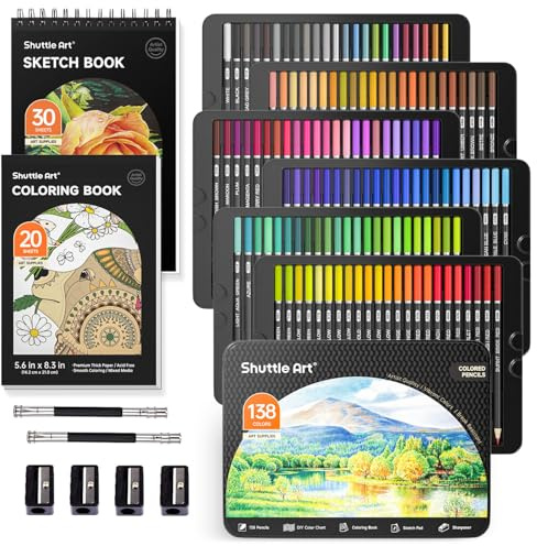 Shuttle Art 138 Buntstifte Set mit Malbuch, Spitzer, Verlängerer, Eisenbox | Professionelle Buntstifte für Erwachsene, Farbstifte auf Weichwachsbasis, Holzstifte, Buntstifte Kinder zum Färben, Malen