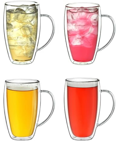Creano doppelwandiges Thermoglas mit Henkel 400ml, großes Doppelwandglas aus Borosilikatglas, Kaffee-/Teeglas, 4x 400ml