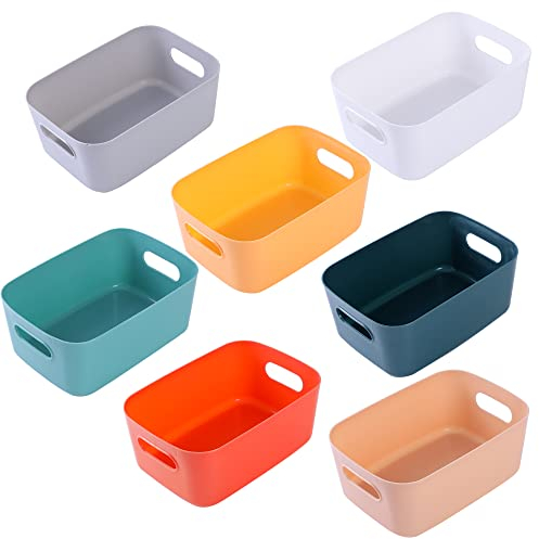 HapiLeap Plastic Storage Boxes, Multiple Colour Organisation Storage Baskets for Kitchen, Cupboard, Office, Bathroom, Toy, Home Tidy Open Storage Bins with Handles (7 Pack)