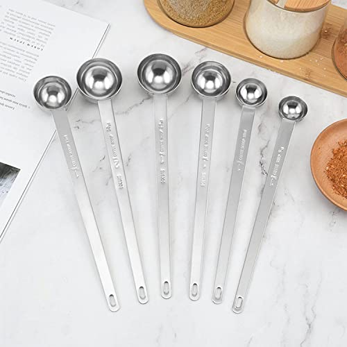 Ausemo Cuchara de Café Cuchara de Acero Inoxidable 304 Cuchara Dosificadora Cuchara Agitadora de Postre de Mango Largo con Escala (silver-6pcs-5ml, 10ml, 15ml, 20ml, 25ml, 30ml)
