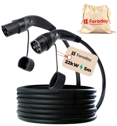 Faraday EVCS EV Typ 2 EV Ladekabel für Elektroautos PHEV | IEC 62196 | 5 Meter |32A - 22KW| 3-Phasig | Typ 2 auf Typ 2 | Model S/3/X/Y | I3/I4/I7/IX | schwarz/grau/schwarz