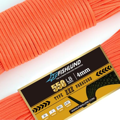 FISHLUND Paracord 550 lb, 7 Strand Paracord Rope 250ft 4mm, Nylon Parachute Cord for Camping, Neon Orange
