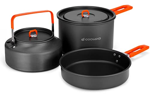 Odoland Camping Kochgeschirr Set Outdoor Kochset mit Camping Topf 1.9 L, Teekessel 1.1 L, Bratpfanne 0.86 L, Kochgeschirr Set für Camping Outdoor Kochen Wandern Reisen