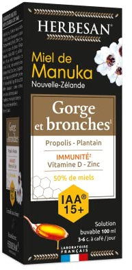 HERBESAN® - SOLUTION BUVABLE GORGE ET BRONCHES MANUKA IAA15+ - Réconfort de la gorge - Dès 6 ans- Fabrication Française - Flacon 100 ml