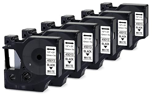 6er-Pack Schriftband kompatibel für Dymo D1 45013 S0720530 12mm x 7m, Laminiertes Etikettenband Schwarz auf Weiß für LabelManager 160 210D 280 360D 420P PnP LabelWriter 450 Duo Etikettiergerät