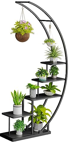 Ribelli 5-stufiger Metall-Pflanzenständer in Halbmondform 172cm, Pflanzenregal mit 5 Ablagen & Haken, Hoch Blumenständer Pflanzentreppe mit Kippschutz für Balkon Wohnzimmer Terrasse (1 Stück, Schwarz)