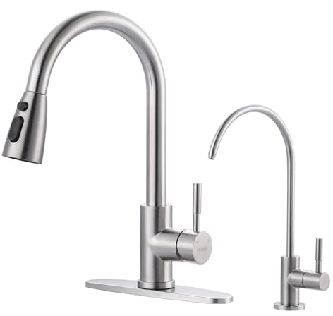 Kitchen Faucet and Water Filter Faucet Combo, WOWOW Stainless Steel Kitchen Sink Faucet with Drinking Water Faucet for Reverse Osmosis or Water Filtration System, Brushed Nickel