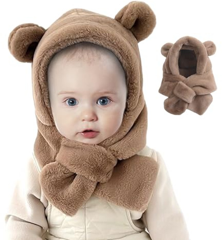 HOMURY Bonnet Cagoule Bébé d'Hiver 2 en 1: Chapeau Écharpe Enfant, Mignon Ours pour Filles Garçons 6-36 Mois (Kaki)
