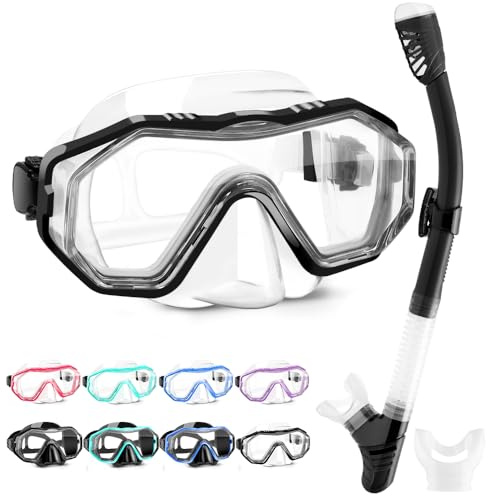 HINATAA Schnorchelset Erwachsene, Taucherbrille mit Silikonschnorchel, Anti-Fog PC Linsen Tauchmasken, 180° Schnorchelmaske, Anti-Percolation Dry Schnorchelset Frauen Männer