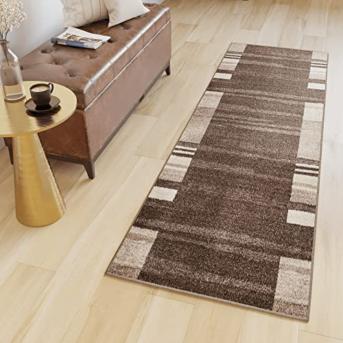 TAPISO Sari Teppich Läufer Flur Dunkelbraun Beige Kurzflor Modern Design Meterware Wohnzimmer Schlafzimmer Küchenläufer ÖKOTEX 100 x 390 cm