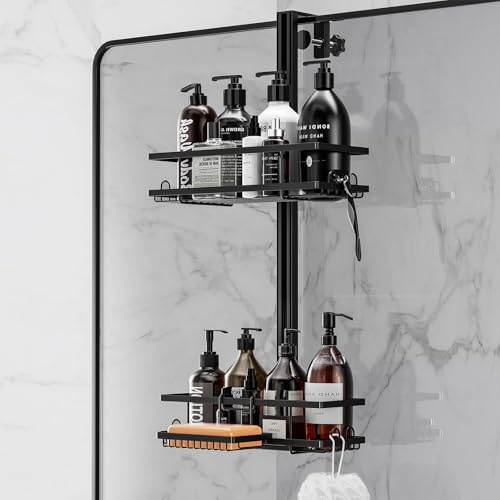 ZDDLOINP Étagère de douche à suspendre avec porte-savon, hauteur réglable, 2 étages, sans perçage, pour porte en verre, shampoing, gel douche