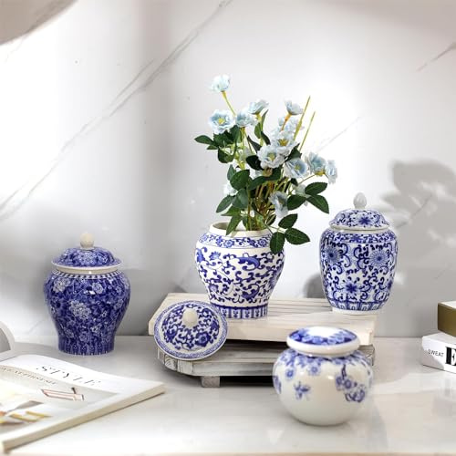 Vinbcorw Set mit 4 kleinen blauen und weißen Vasen, Porzellanvasen, traditionelle, handgeschnitzte Keramikvase für frische Blumen, getrocknete Pflanzen, Arrangement, dekorative Vase,A