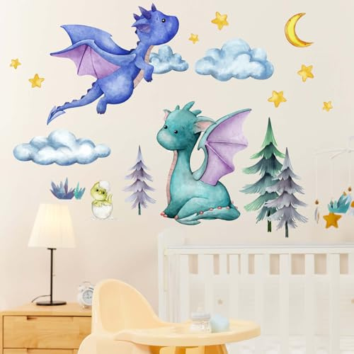 Amimagen Wandtattoos Baby Drachen Wandaufkleber - Stern Mond Dracheneier Wandabziehbilder - Baby Schlafzimmer Jungen Kinderzimmer Kinderzimmer Kindertagesstätte Wanddeko