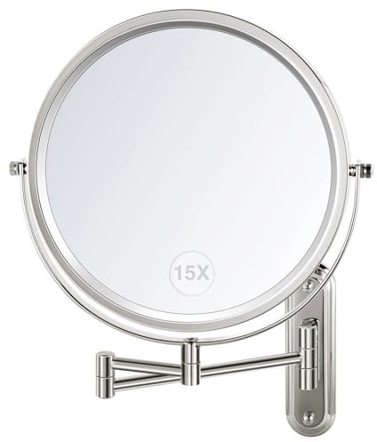 VORREMIRR Wandmontierter Make-up-Spiegel - 8,5 Zoll doppelseitiger Make-up-Spiegel mit erweitertem Arm, 1X / 15X Vergrößerungsspiegel für Make-up oder Rasieren - Chrome, Keine Lichter