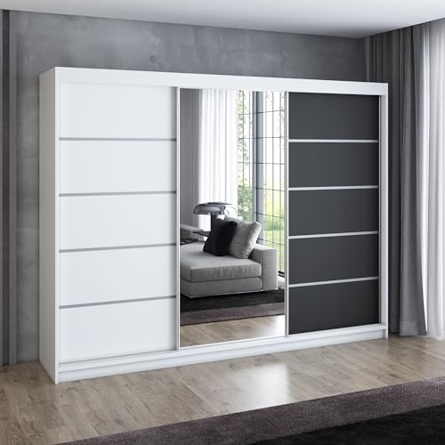 A&J MöbelLand Schwebetürenschrank VILUNO 1 Kleiderschrank 3-türig 200 cm mit Spiegel, 4 Schubladen & 2 Kleiderstangen, Geräumiger Schlafzimmerschrank (Weiß/schwarz)