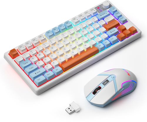 BlueFinger Tastiera e mouse da gioco wireless al 75% con display intelligente, tastiera wireless ricaricabile con controllo a manopola, mouse da gioco retroilluminato RGB per Mac, laptop, PC, gamer