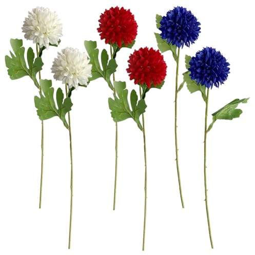 JIHUOO 6 Pcs Artificial Outdoor Chrysanthemums Large Fake Chrysanthemum Ball Flowers 4th of July Flowers Red White and Blue Flowers Independence Day Decorations