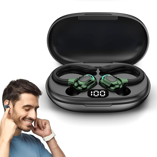 DOMIKIT Oreillettes sans Fil Bluetooth 5.2, Universel, Tour d'oreille 360°, Micro Intégré, 60 Heures de Lecture, Batterie 70mAh Chargeur Type-C 300mAh, 8D steréo, Option d'écoute indépendante (Vert)