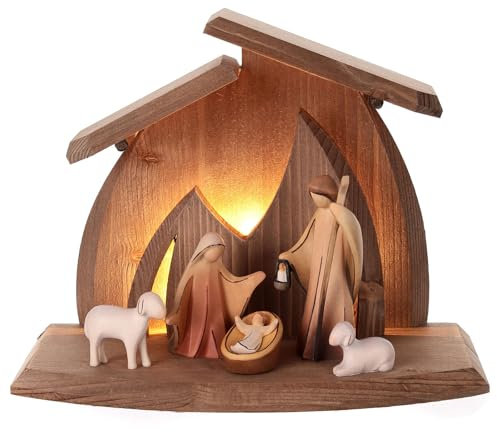 Komplettkrippe, Stall Altea, 10 cm Aram-Figurenserie, 6-teilig, Holz lasiert/koloriert, mit LED-Beleuchtung, Grödner Kunsthandwerk