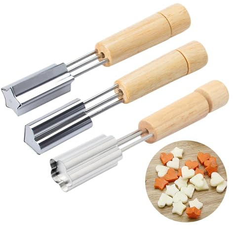 3-teiliges Plätzchen-Fruchtschneider | Ge-müseschneider Formen Mit Holzgriff | Edelstahl Ausstechformen Set | Gemü-se Obst Ausstecher Set - Herz/Stern/Blume